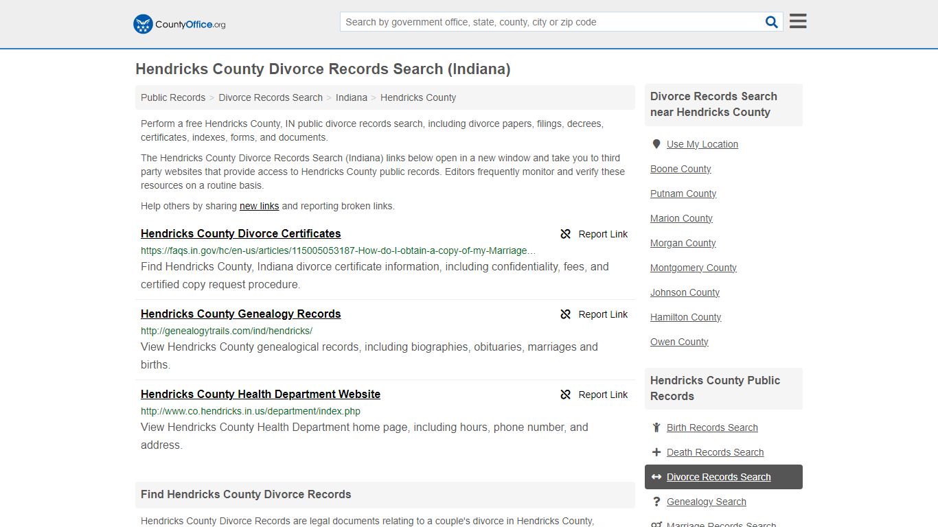 Hendricks County Divorce Records Search (Indiana) - County Office